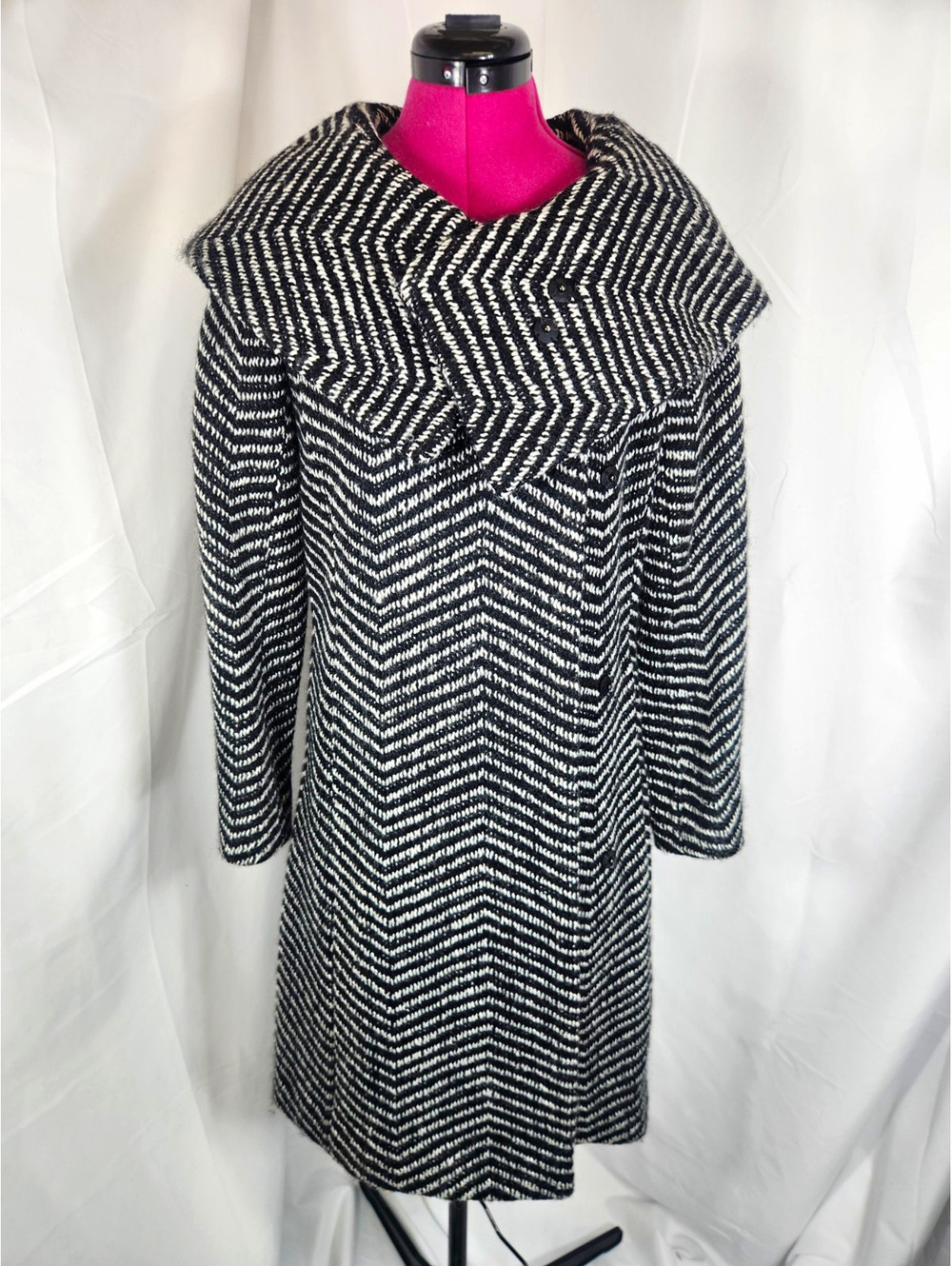 Calvin Klein Herringbone Tweed Wool Coat Size 2 Black White Winter Jacket NWOT